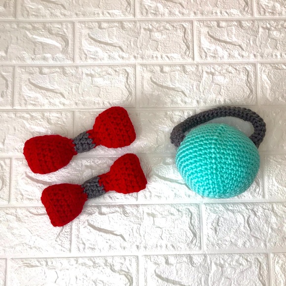 Handmade knitted Dumbbell and Kettlebell baby toys - Picture 2 of 2